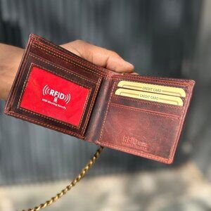 Bifold Mens Hunter Leather Biker Long Chain Wallet with RFID Blocking